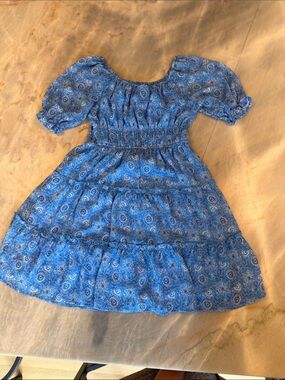 Shyanne Blue Floral Puff Sleeve Smocked Waist Tiered Dress